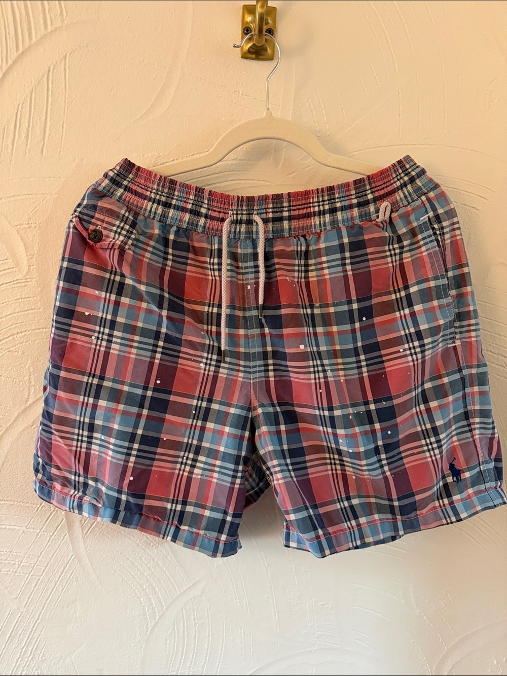 Ralph Lauren Red, Blue & White Plaid Swim Trunks